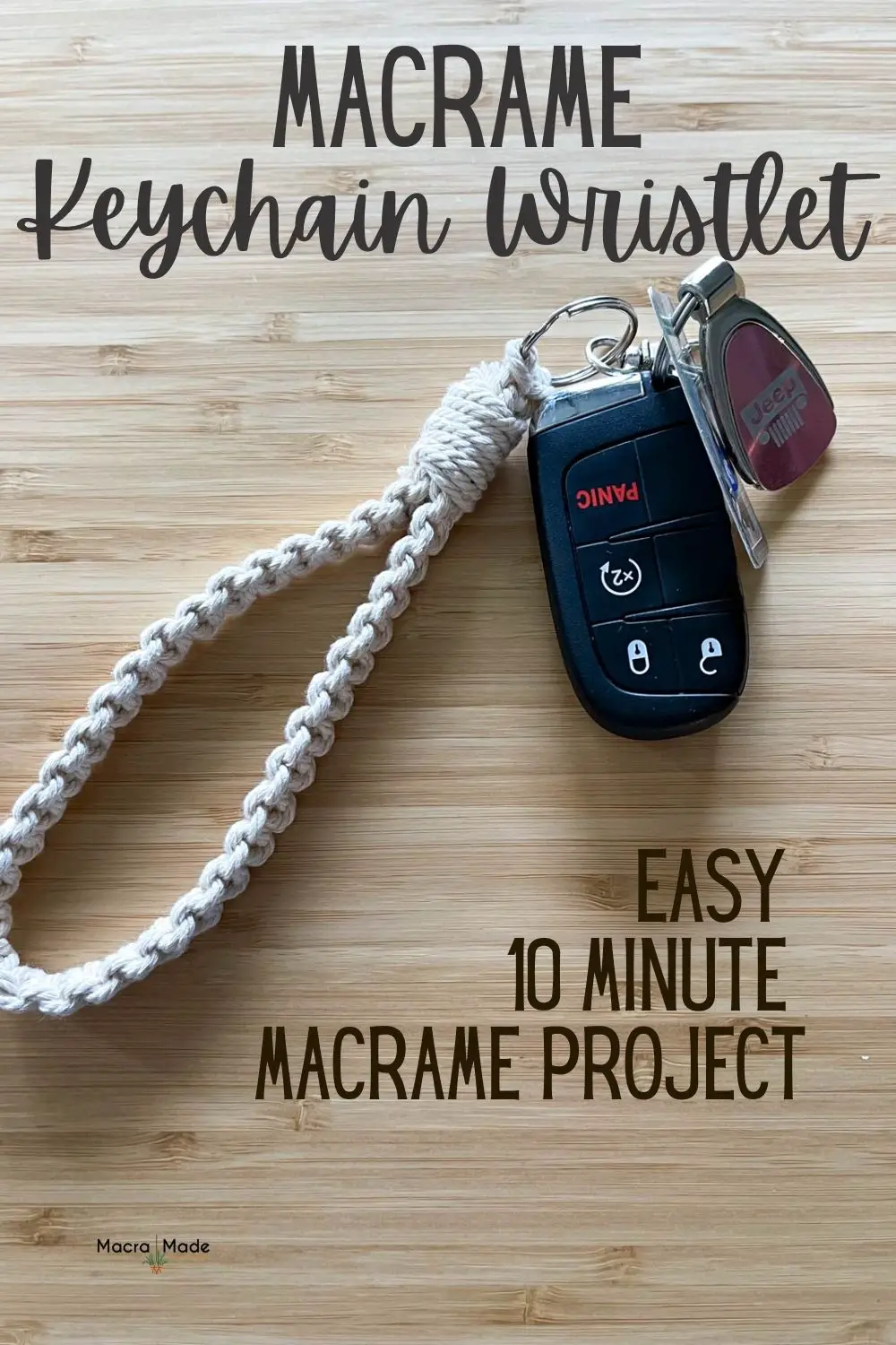 image of macrame keychain wristlet with text overlay
