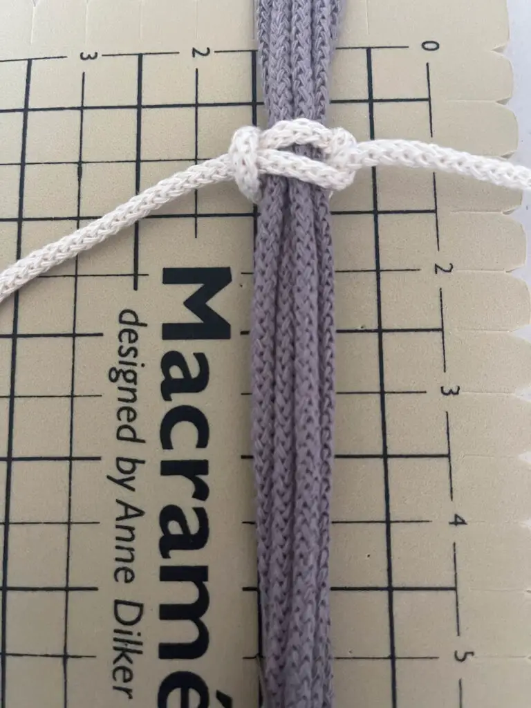 Square knot made with natural string around light purple plant hanger strings
