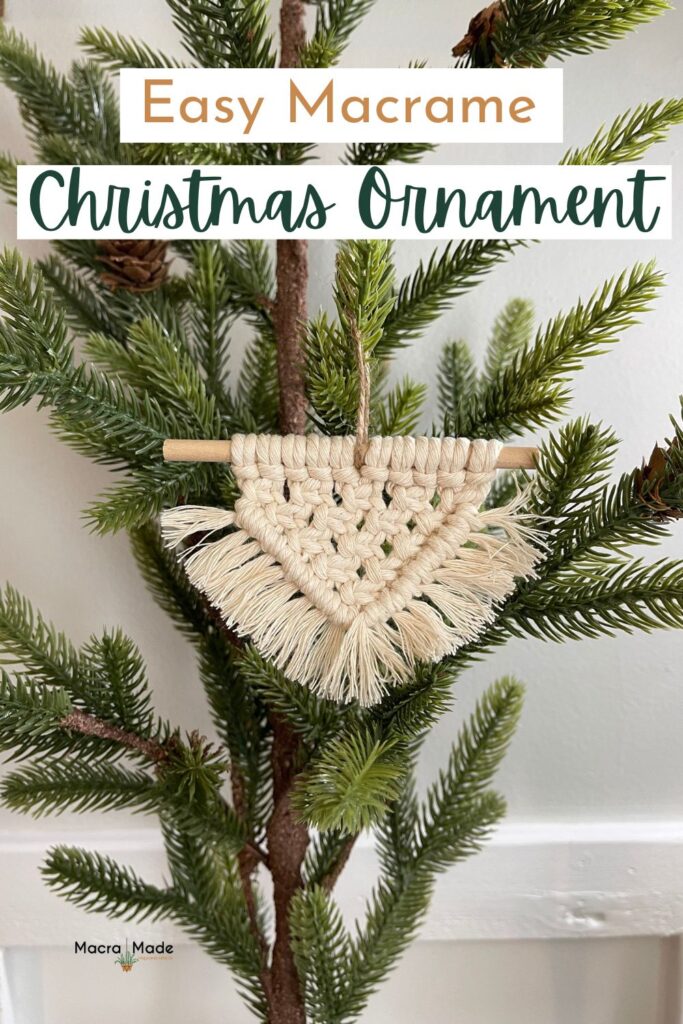 Macrame Christmas ornament hanging on Christmas tree branch with text overlay "Easy Macrame Christmas Ornament